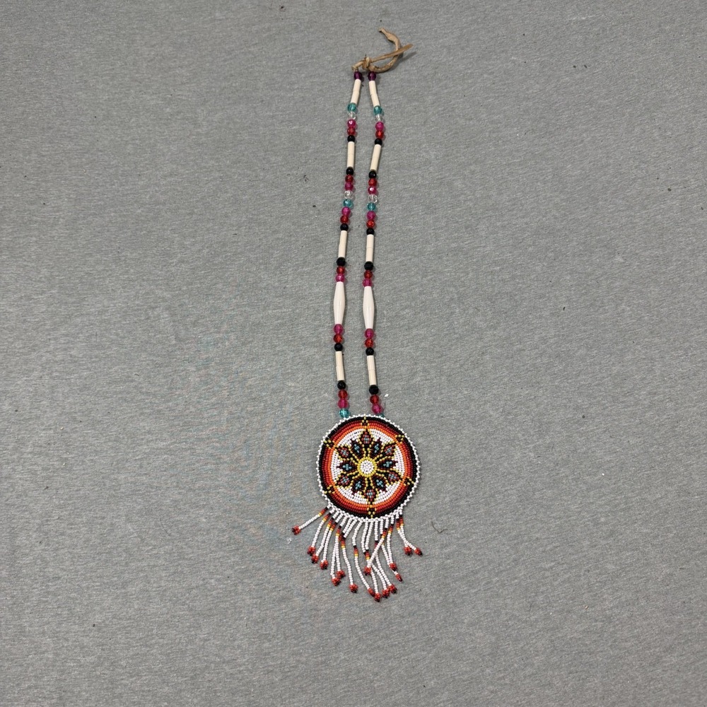 Handmade Native American Style Necklace Beaded Medallion Authentic Pendant
